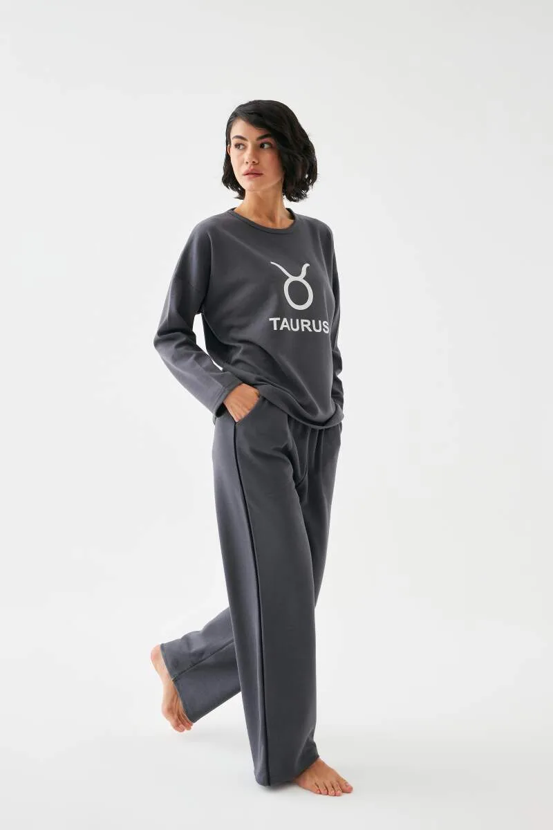 Kadın Füme Boğa Burcu Oversize 2 İplik Eşofman Ev Giyim Takımı