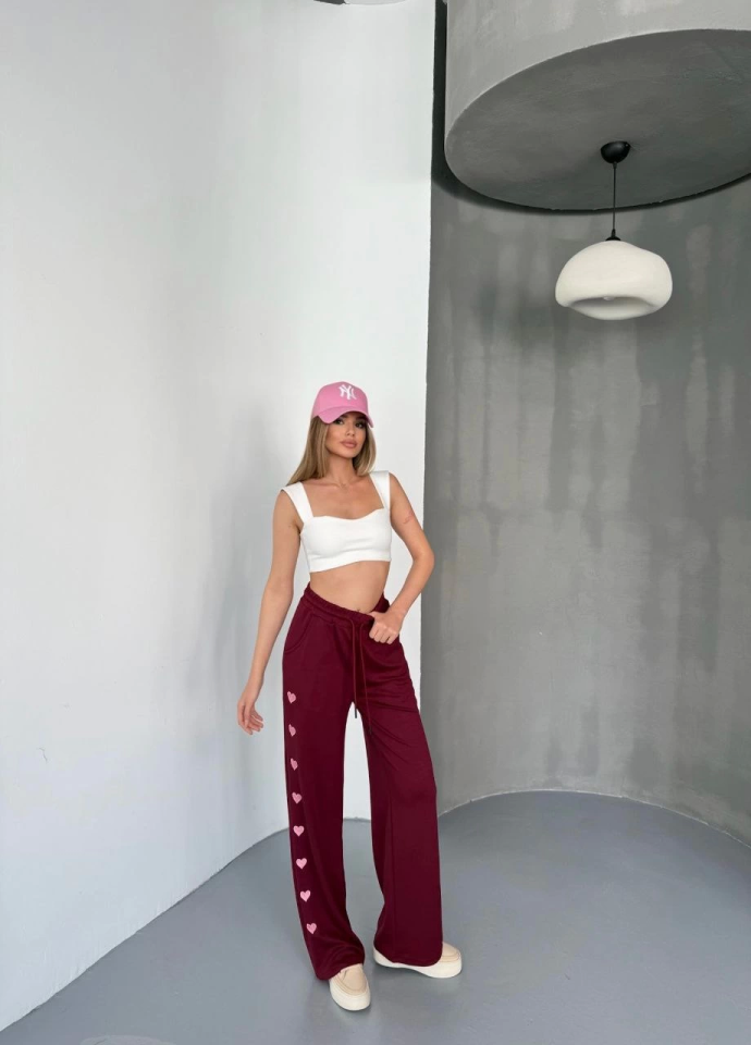 Osy Modal Yumuşak Dokulu Kumaş Nakış Işlemeli Rahat Bol Paça Eşofman Pantalon - Bordo