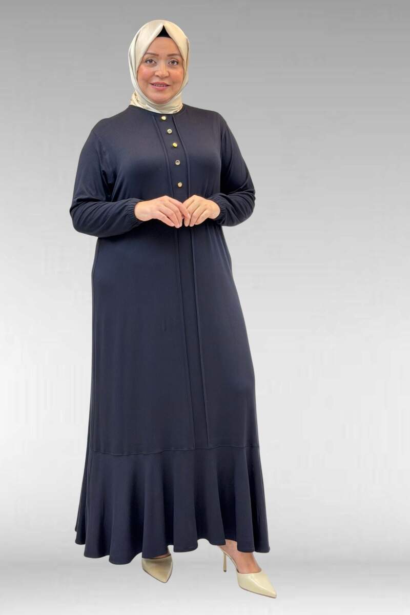 62006 Büyük Beden Önü Çıma Detaylı Penye Elbise - Koyu Lacivert