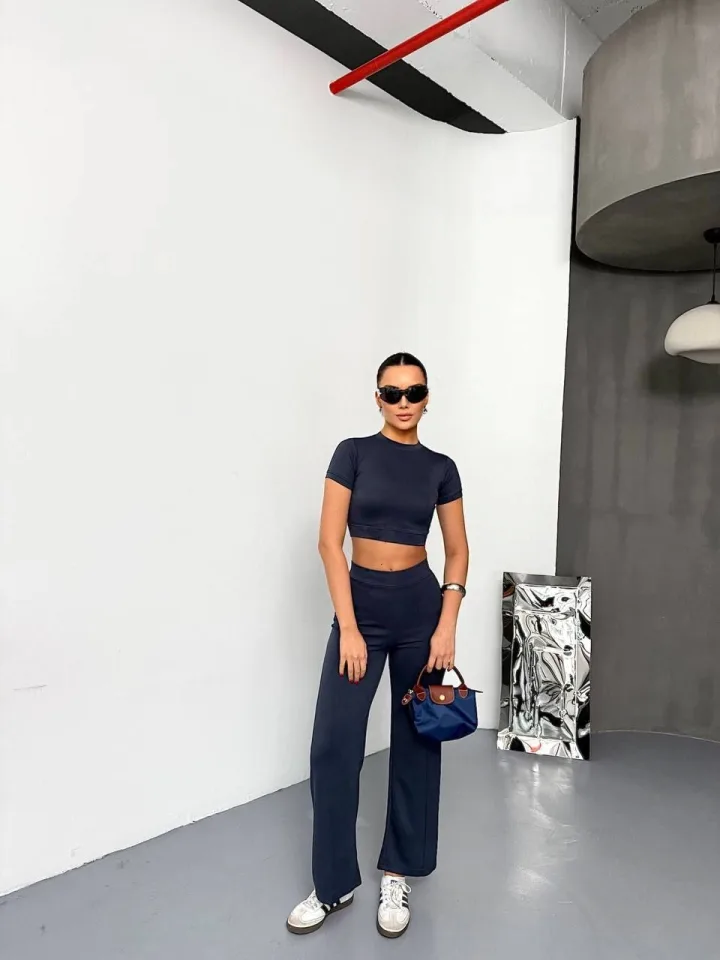 Osy Modal Yumuşak Dokulu Kumaş Kısa Kollu Crop Alt Ispanyol Paça Pantalon Ikili Takım - Füme