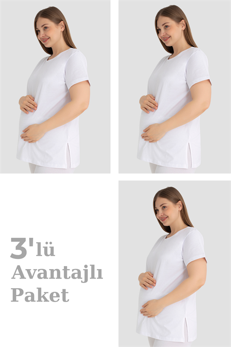 Pamuklu Kısa Kollu Hamile Tişört Beyaz 3'lü Paket – Yumuşak ve Rahat Hamile Giyim
