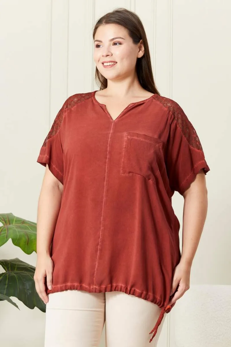 Eteği Bağlamalı Omuz Detaylı Büyük Beden Kiremit Bluz