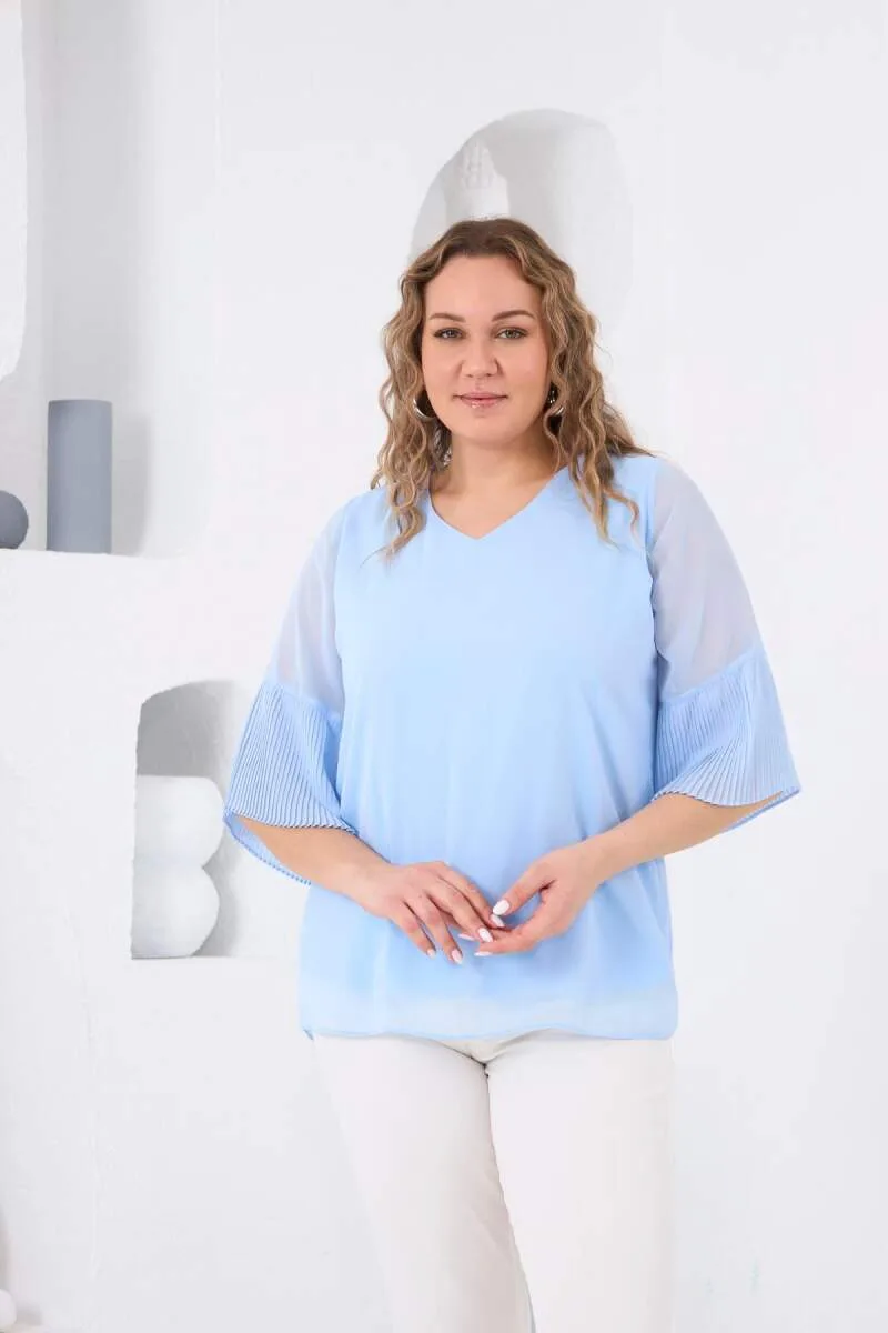Kolları Piliseli Büyük Beden Bebe Bluz – Mavi