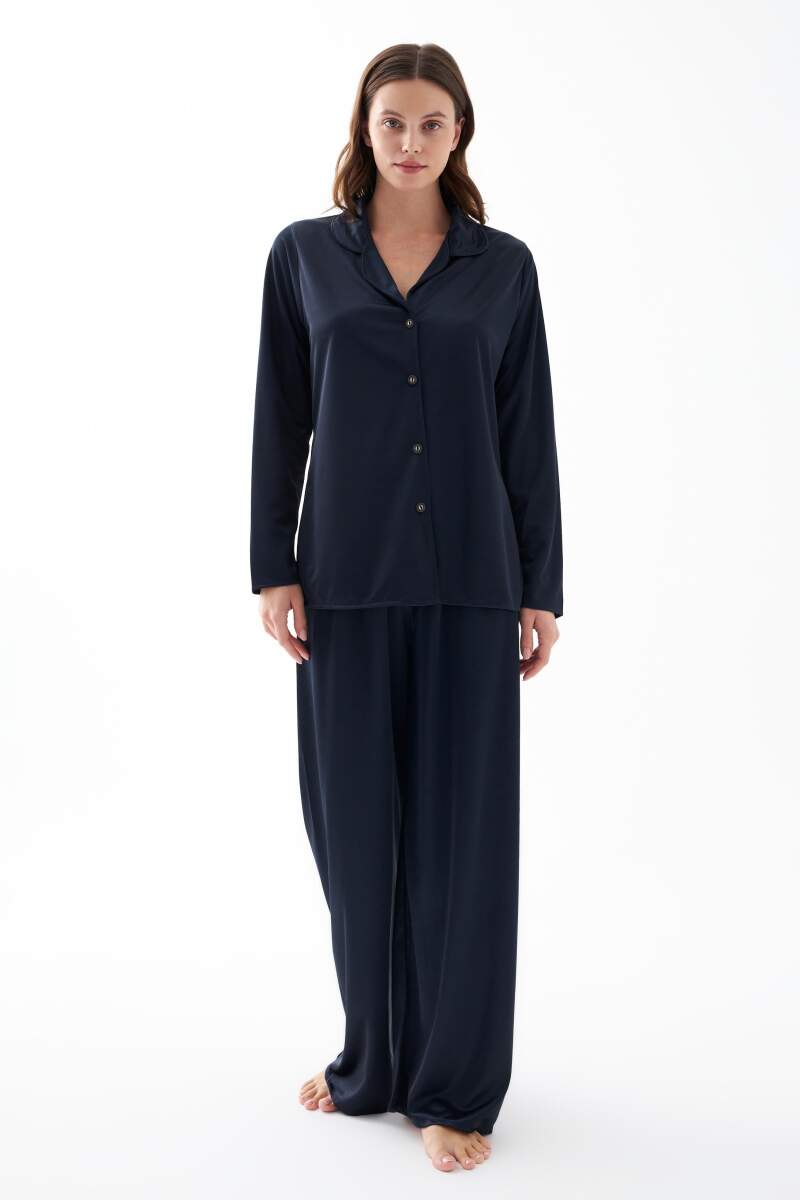 Kadın Lacivert Oversize Saten Pijama Takımı
