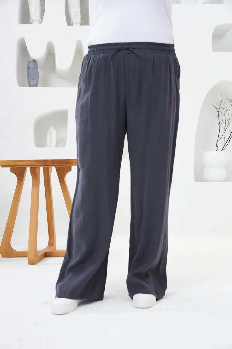 Beli Lastikli Geniş Paça Büyük Beden Pantolon Füme
