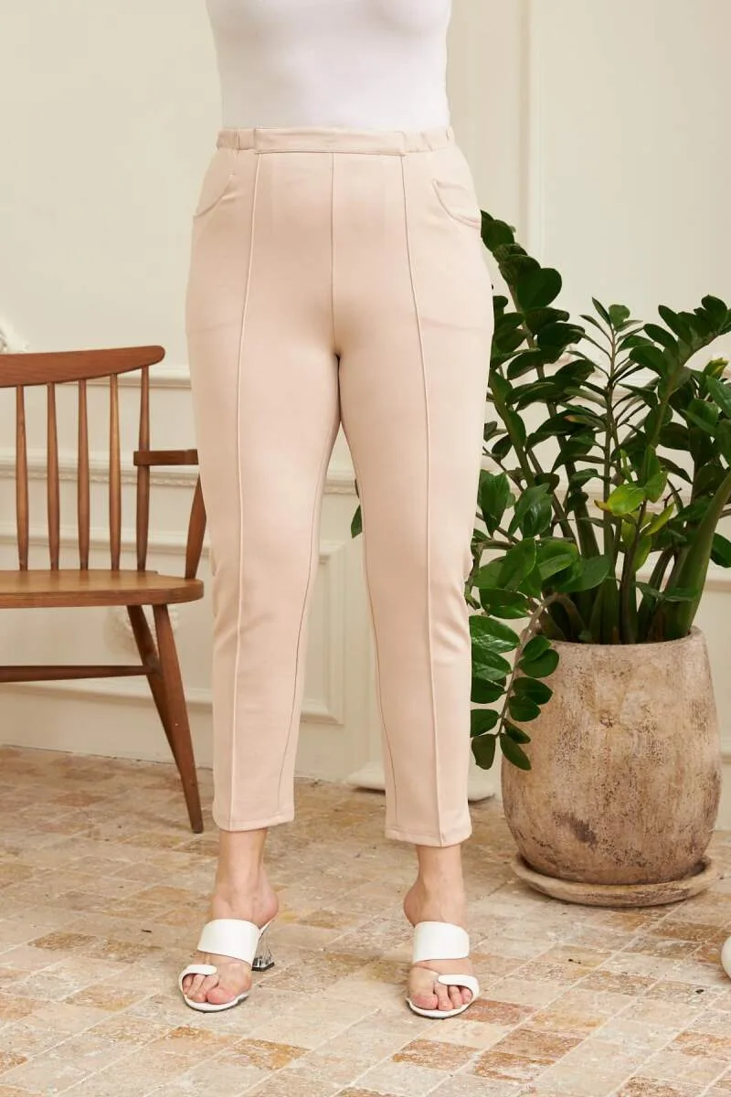 Beli Lastikli Fitilli Büyük Beden Bej Çelik Örmek Pantolon