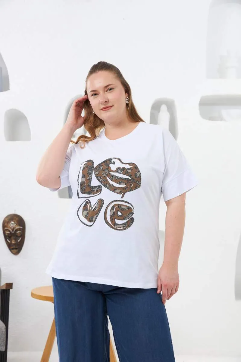 Love Taş Baskılı Büyük Beden Tişört Beyaz