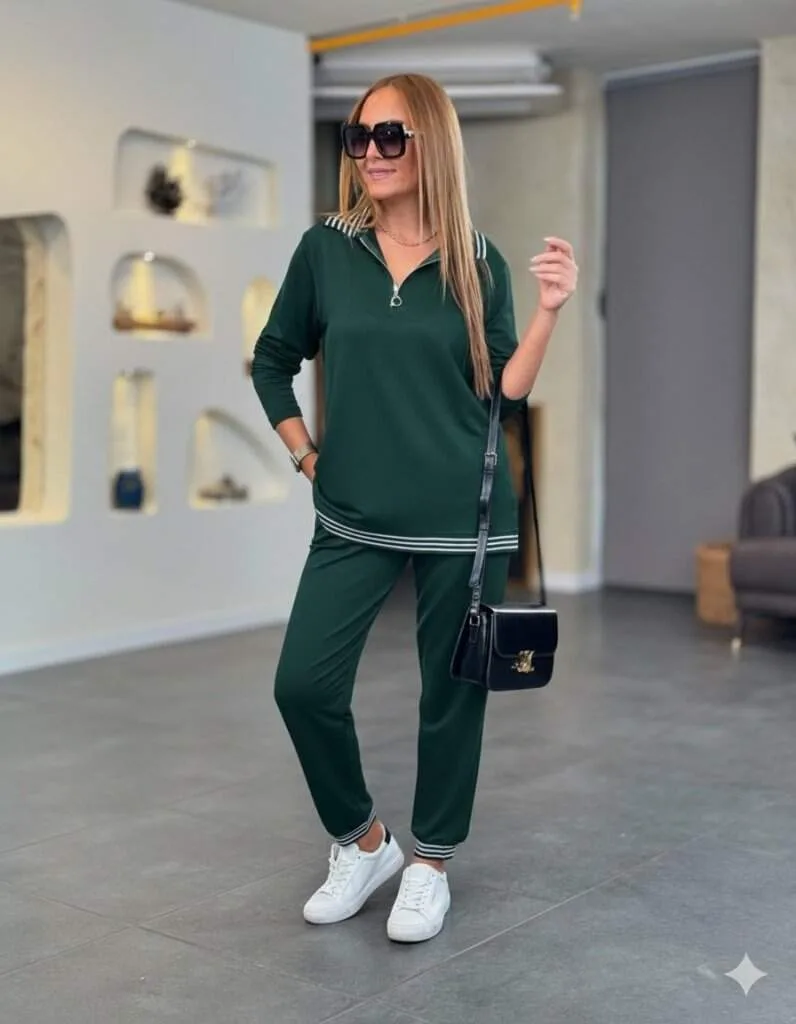Kadın Uzun Kollu Fermuarlı Şerit Detay Desenli Alt Üst İkili Viskon İki İplik Takım