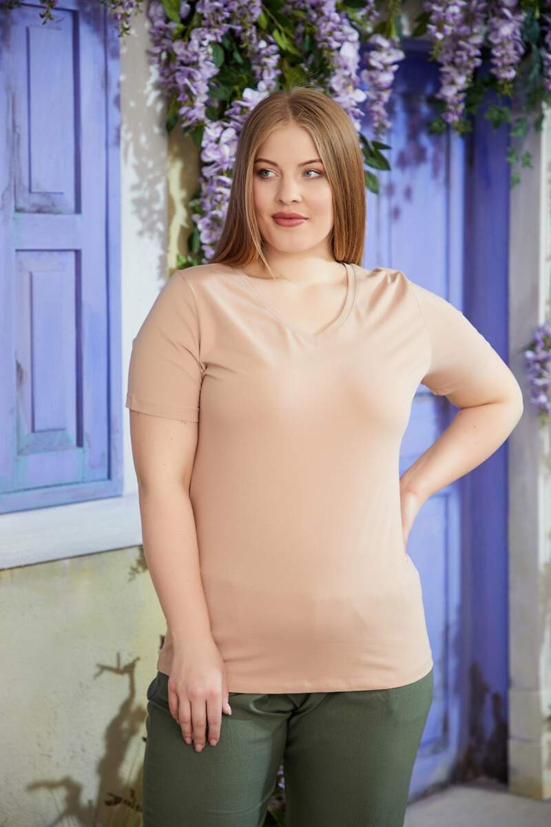 V Yaka Büyük Beden Vizon Tişört