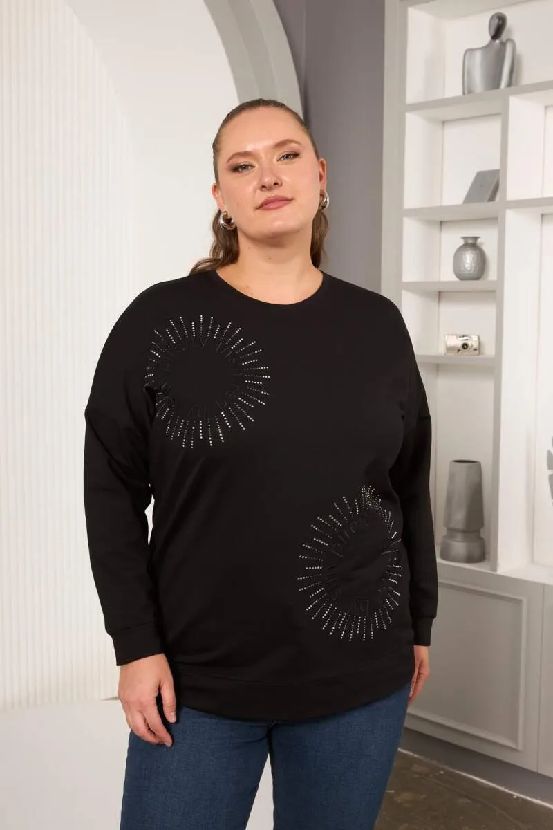 Taş Ve Nakışlı Büyük Beden Sweatshirt – Siyah