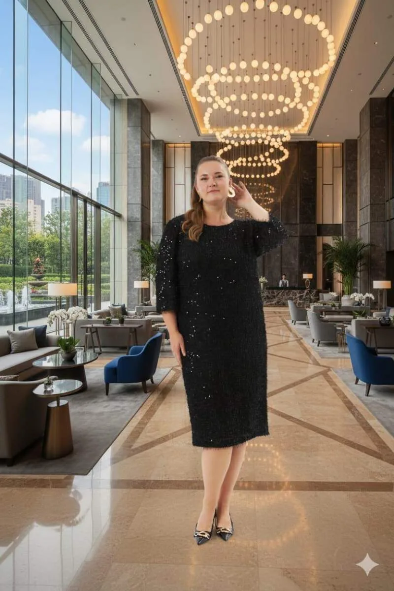 Büyük Beden Pul Payet Kırçıllı Abiye Elbise – Siyah