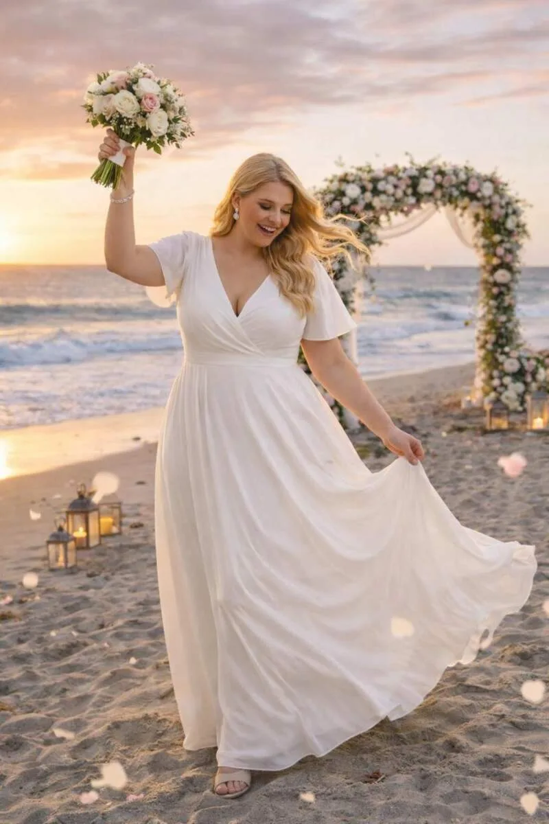 Büyük Beden Beyaz Kloş Tül Pelerin Kollu Nikah ve Dış Çekim Elbisesi KL3051