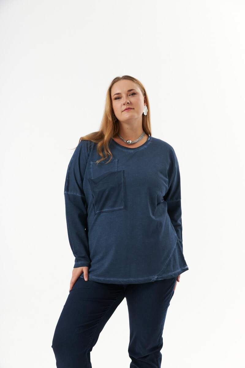 Büyük Beden Cep Detay Parça Boya Sweatshirt İndigo