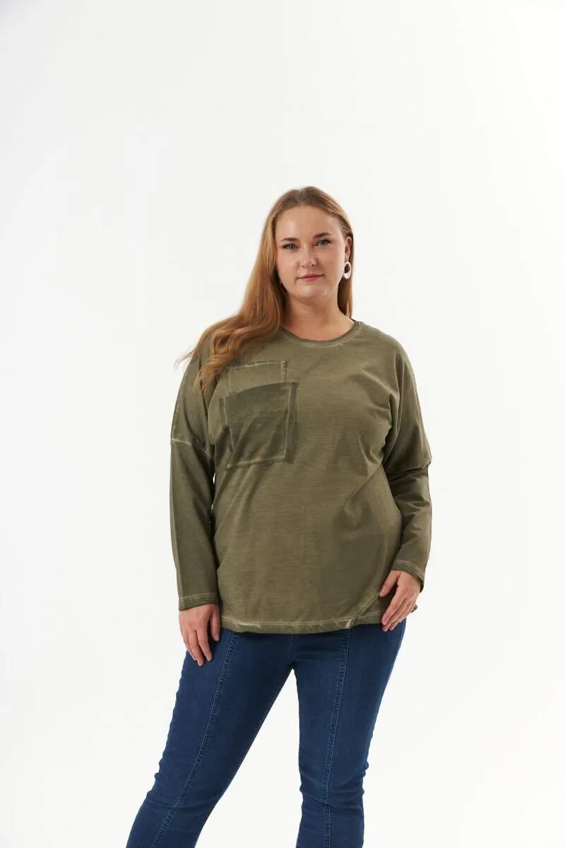 Büyük Beden Cep Detay Parça Boya Sweatshirt – Haki