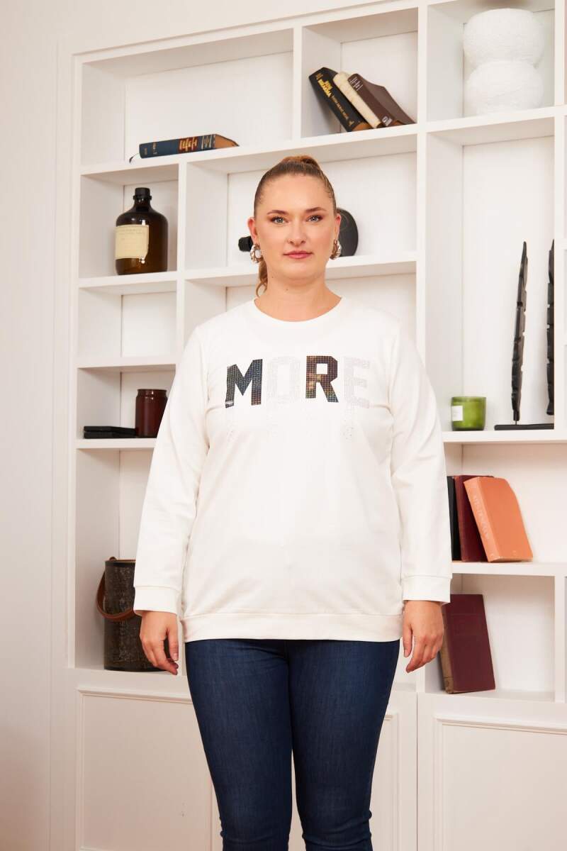 Büyük Beden Taş Baskılı Sweatshirt Ekru