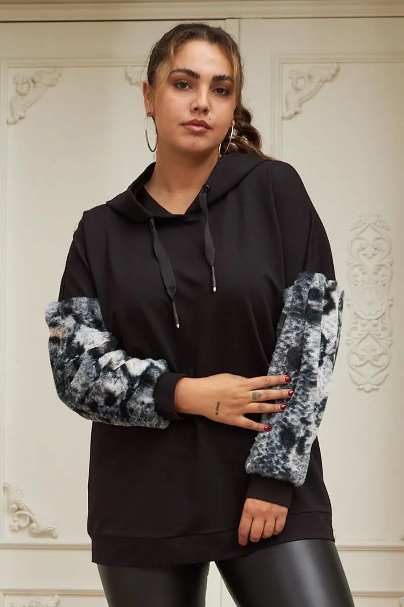 Kol Kürk Detaylı Büyük Beden Siyah Sweatshirt