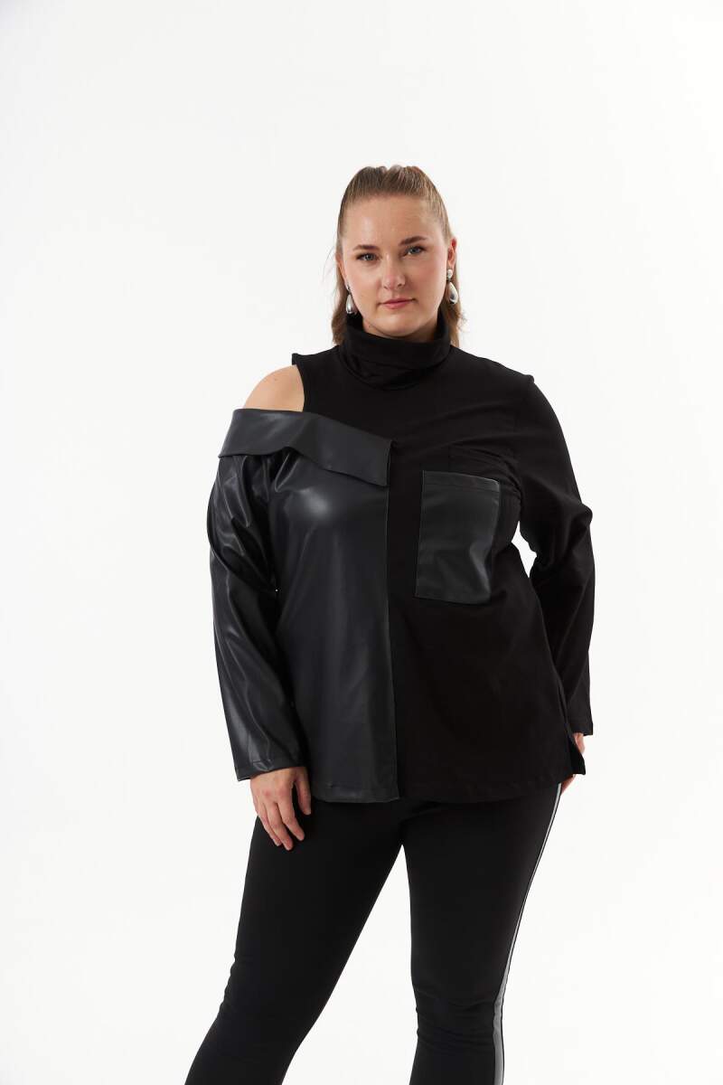 Deri Garnili Siyah Büyük Beden Sweatshirt