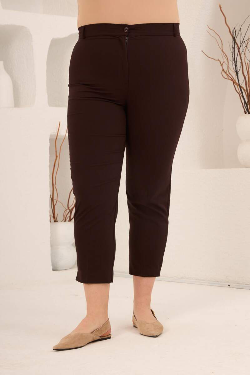 Paça Yırtmaçlı Büyük Beden Gabardin Pantolon Kahve