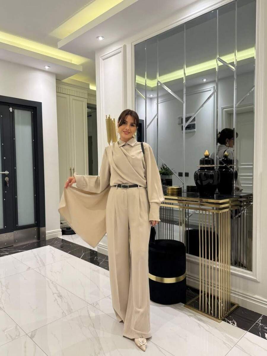 Kadın Uzun Kollu Şal Detaylı Bluz ve Pantolon İkili Takım
