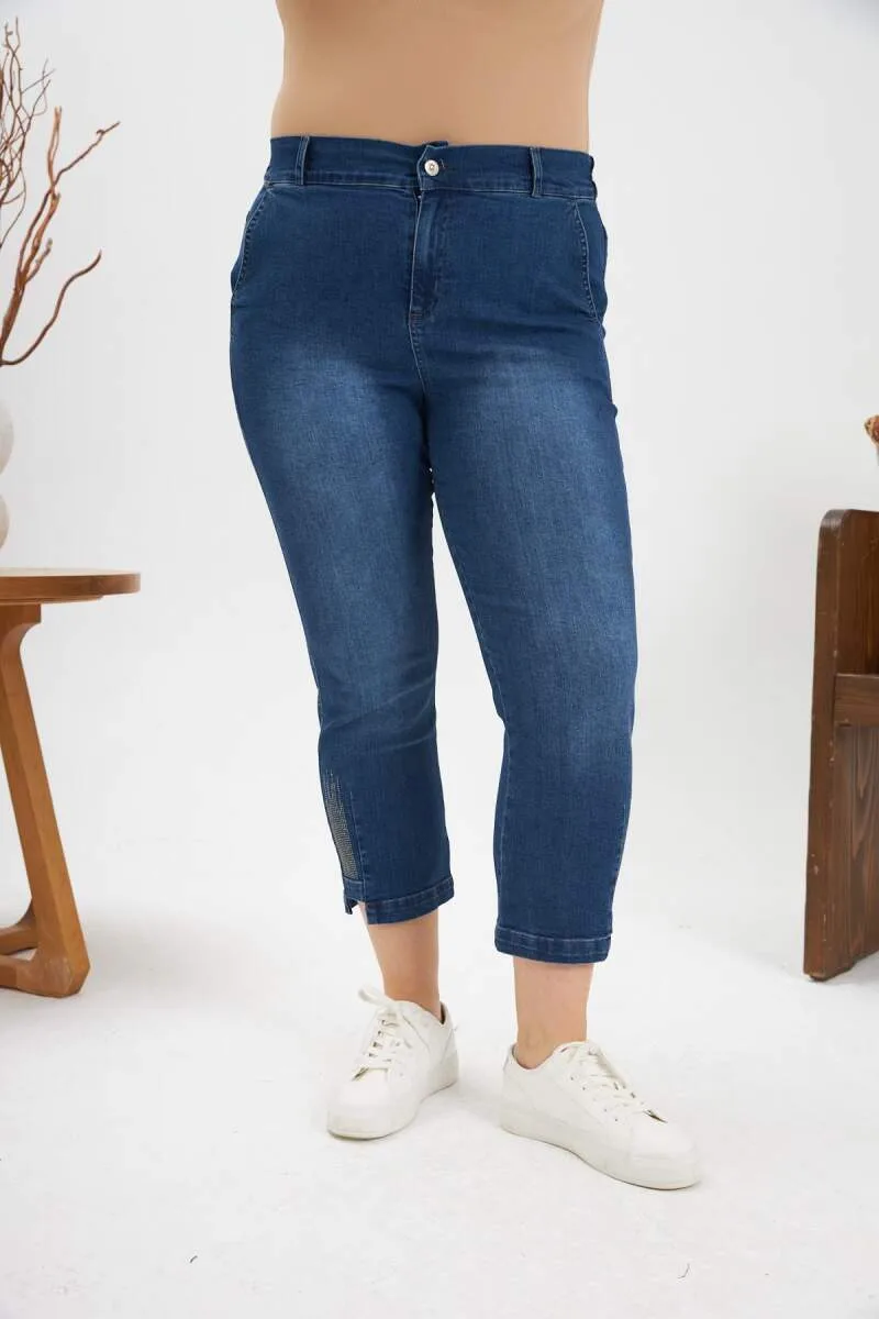 Büyük Beden Taş Detay Denim Kapri Kim. Mavi