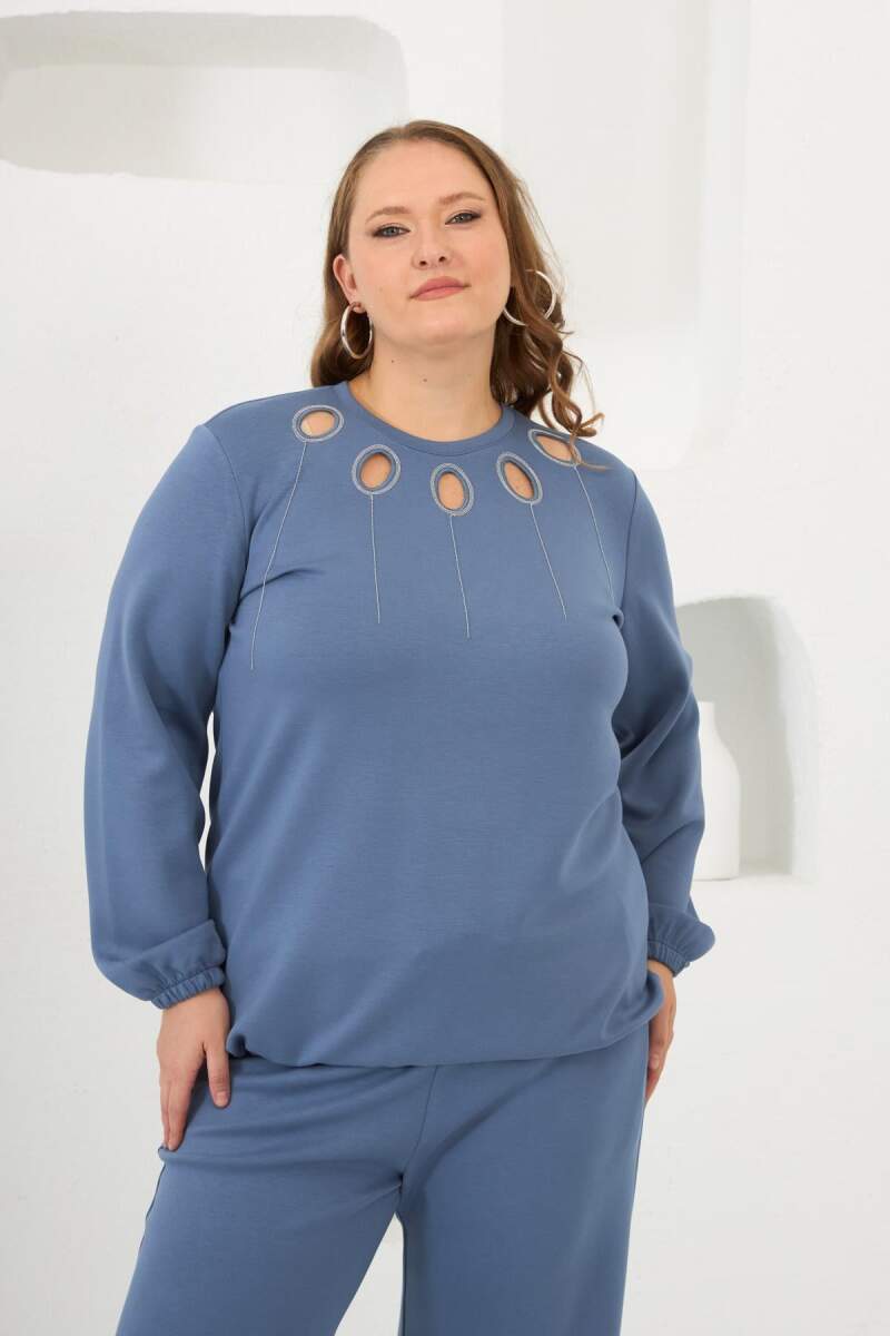 Yaka Detaylı Kol ve Eteği Büzgülü Büyük Beden Sweat İndigo