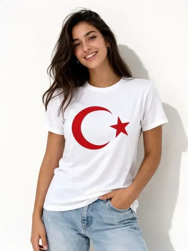 Tişört Kısa Kol Bisiklet Yaka Ay Yıldız Bayrak Baskılı Tişört - Beyaz