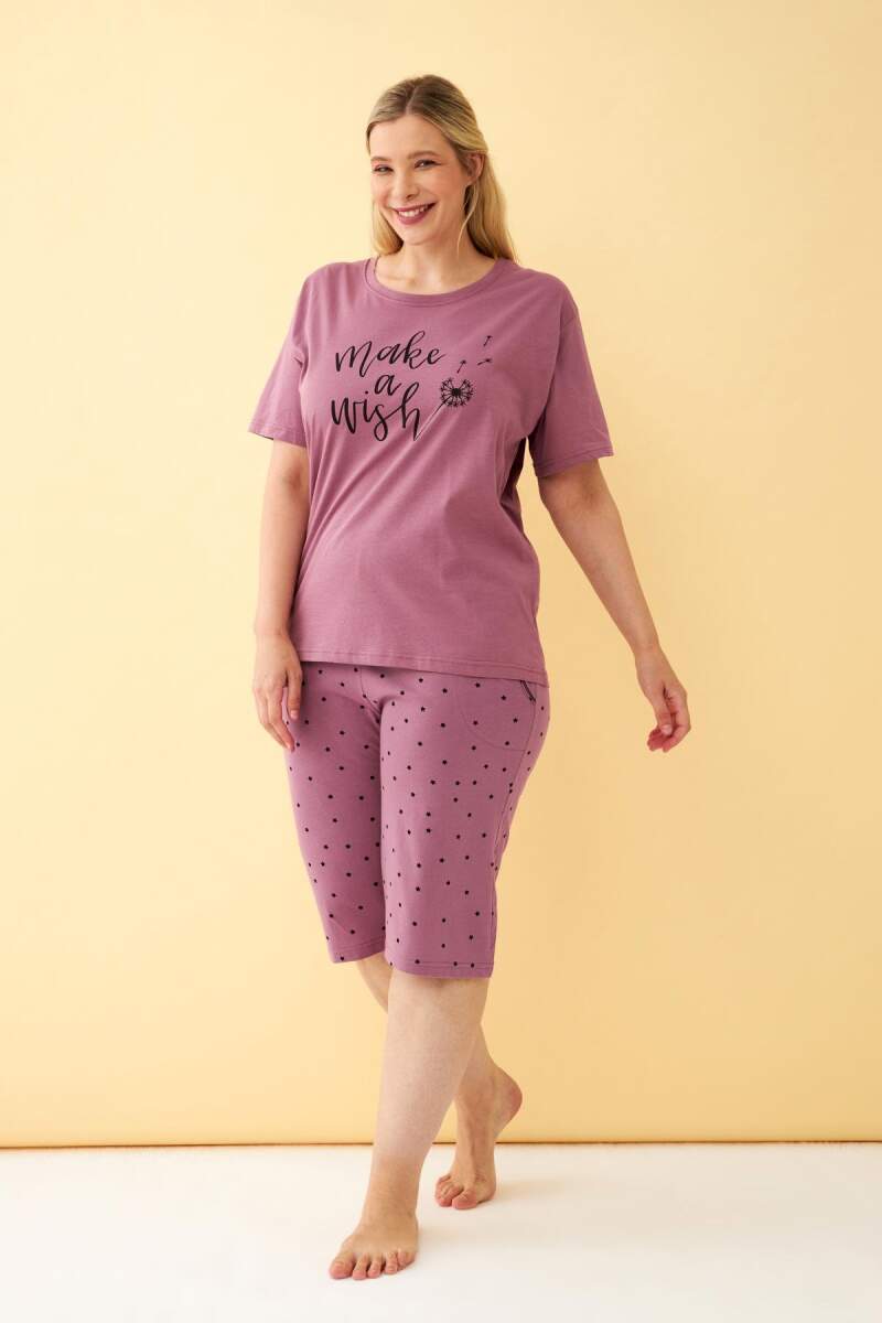 Angelino Kadın Mürdüm “Make a Wish” Yazılı Büyük Beden Kapri Pijama Takımı