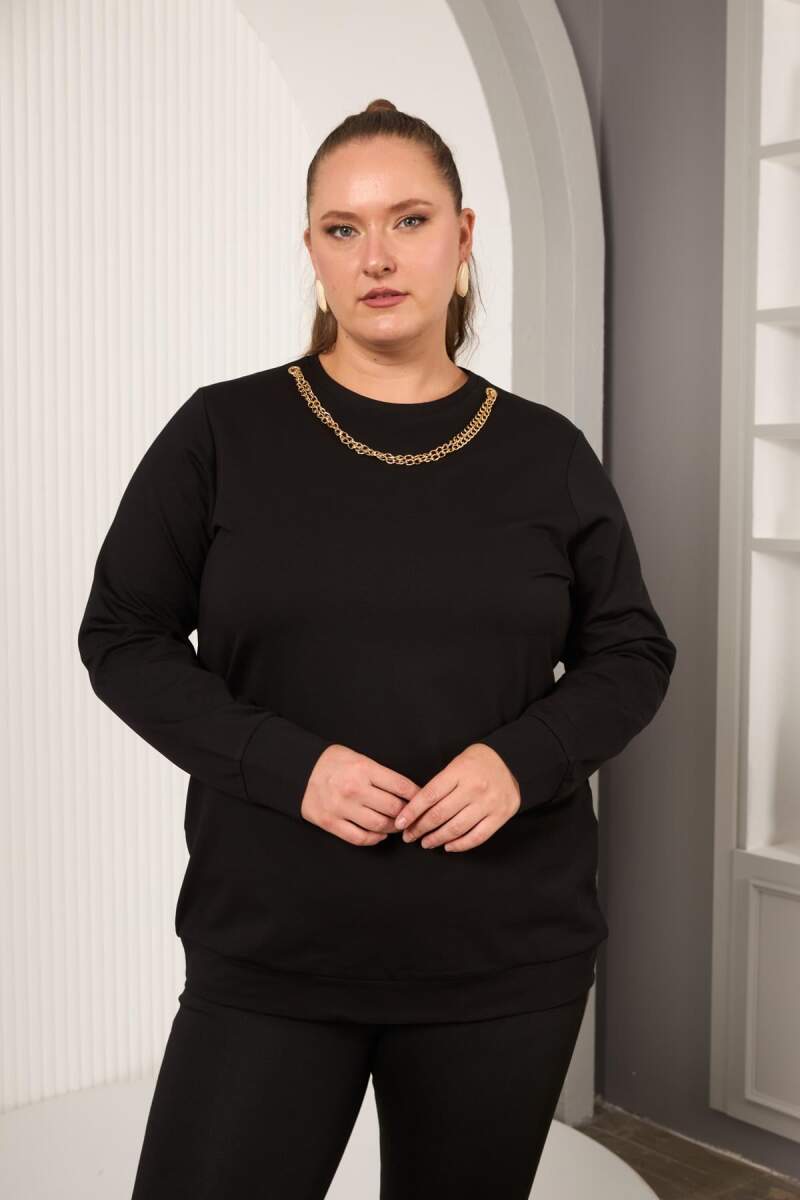 Yaka Zincir Detaylı Büyük Beden Sweatshirt Siyah