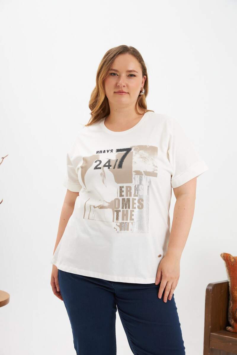 Büyük Beden Baskılı Tişört Ekru