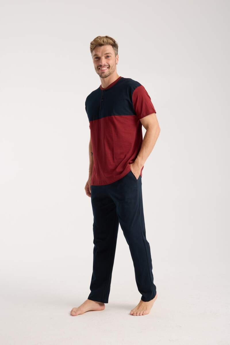 Erkek Bordo Düğmeli Yaka Kısa Kol Pijama Takımı