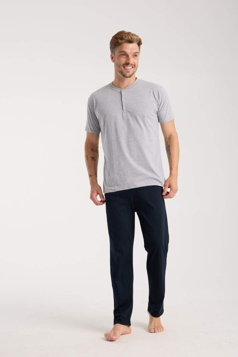 Erkek Gri Düğmeli Yaka Kısa Kol Pijama Takımı