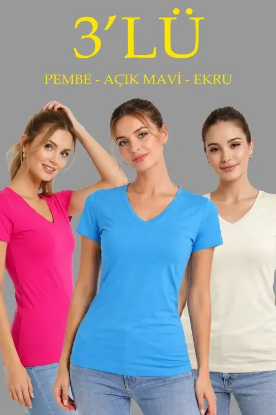 3'lü V Yaka Tişört – Kısa Kollu Yazlık Slim Fit Body - Pembe, Açık Mavi, Ekru