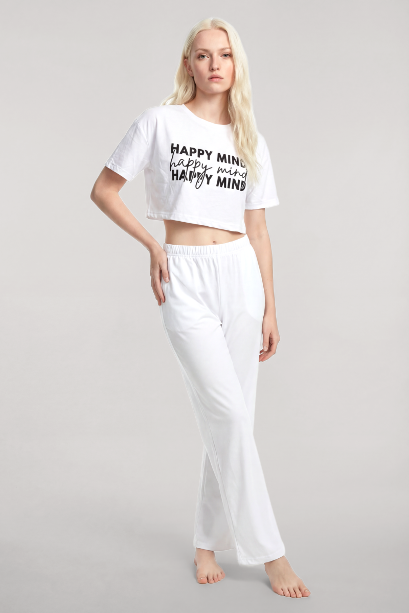 Angelino Baskılı Crop T-Shirt Pantolon Takım Beyaz