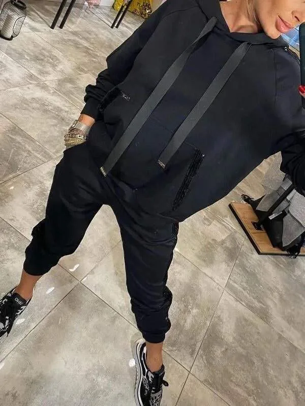 Kadın Uzun Kollu Kapşonlu Pulpayet Detay Viskon İki İplik Bluz Ve Pantolon İkili Takım