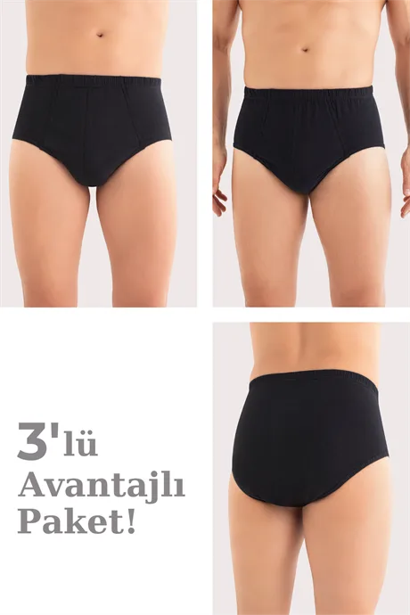 Erkek Pamuklu Külot Düz Beli Lastikli 3'lü Paket – Siyah
