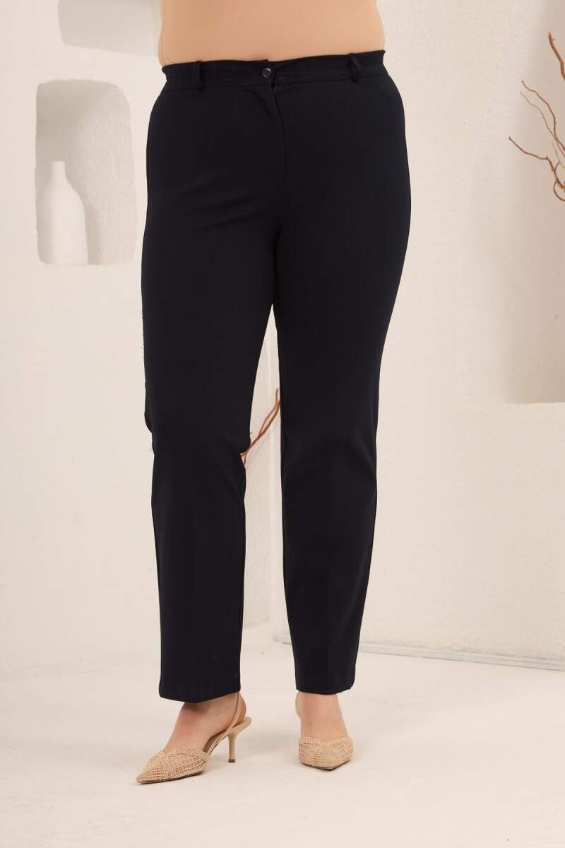 Beli Lastikli Büyük Beden Gabardin Geniş Paça Pantolon Lacivert