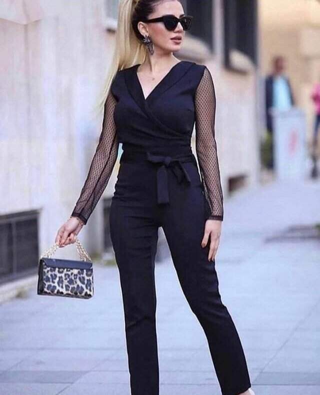 Kadın Uzun Kollu Kruvaze Yakalı Kolları Tül Detay Beli Kuşaklı Ithal Krep Tulum