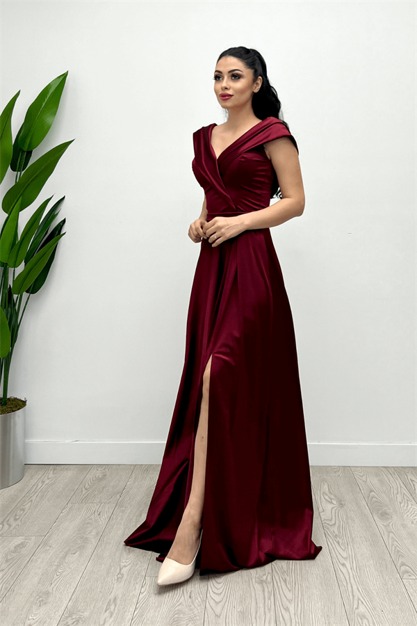 Saten Kumaş Kayık Yaka Abiye Elbise - BORDO