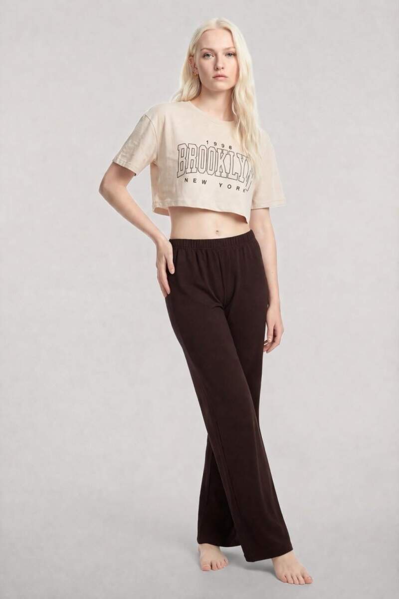 Angelino Baskılı Crop T-Shirt Pantolon Takım Kum Kahve