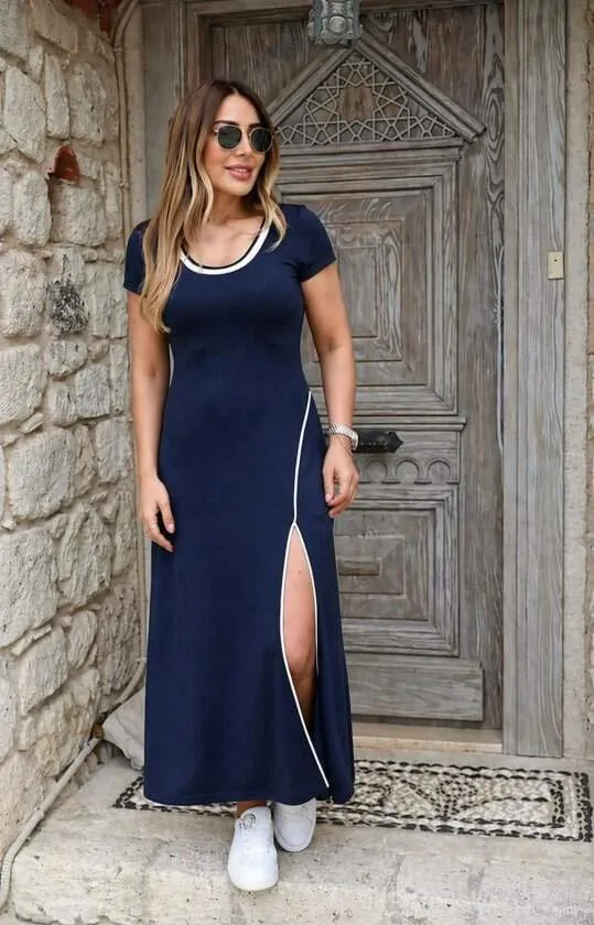 Kadın Kısa Kollu Yuvarlak Yaka Beyaz Yırtmaç Detaylı Viskon Tam Boy Elbise