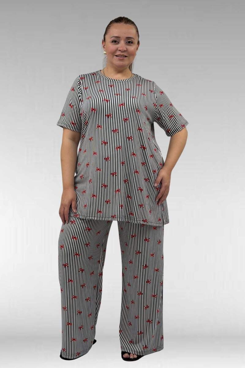 67801 Büyük Beden Kısakol Desenli Pijama Takımı - Kırmızı Kurdele Desenli