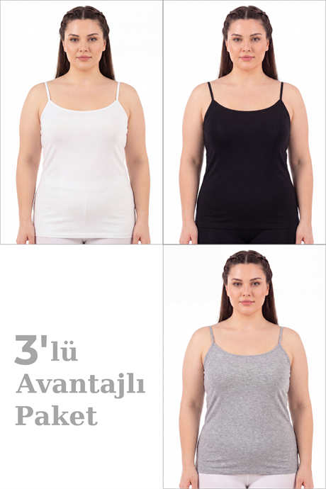 Kadın Büyük Beden İp Askılı Atlet Pamuklu Likralı Yumuşak Esnek Kumaş 3'lü Paket
