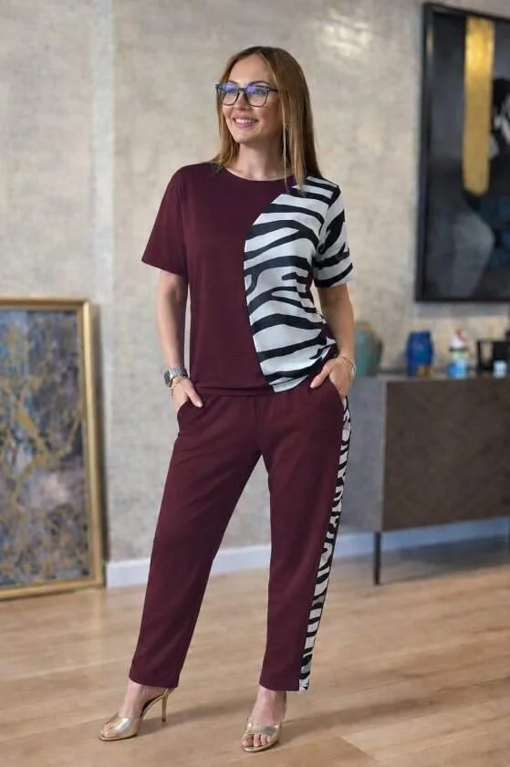 Kadın Kısa Kollu Bisiklet Yaka Zebra Desen Bluz Ve Pantolon Ikili Takım