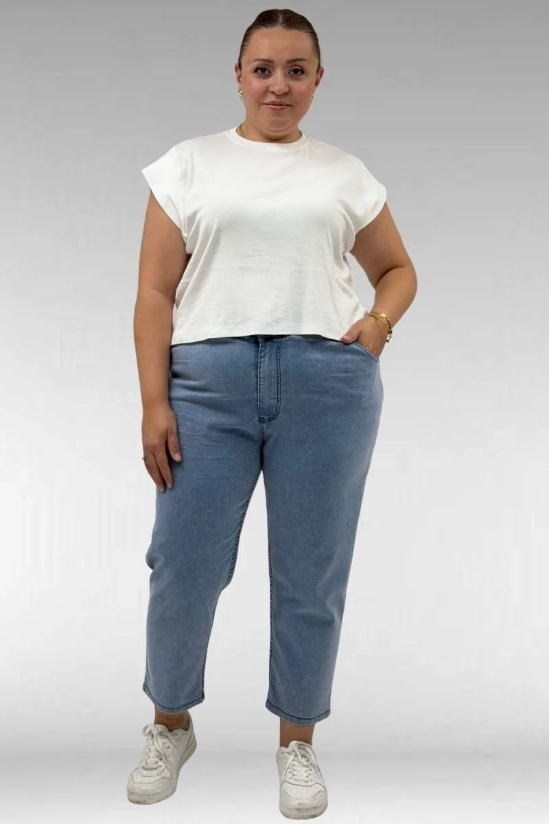 9125-8 Büyük Beden Boy Friend Kot Pantolon - Kar Ykama Buz Mavi