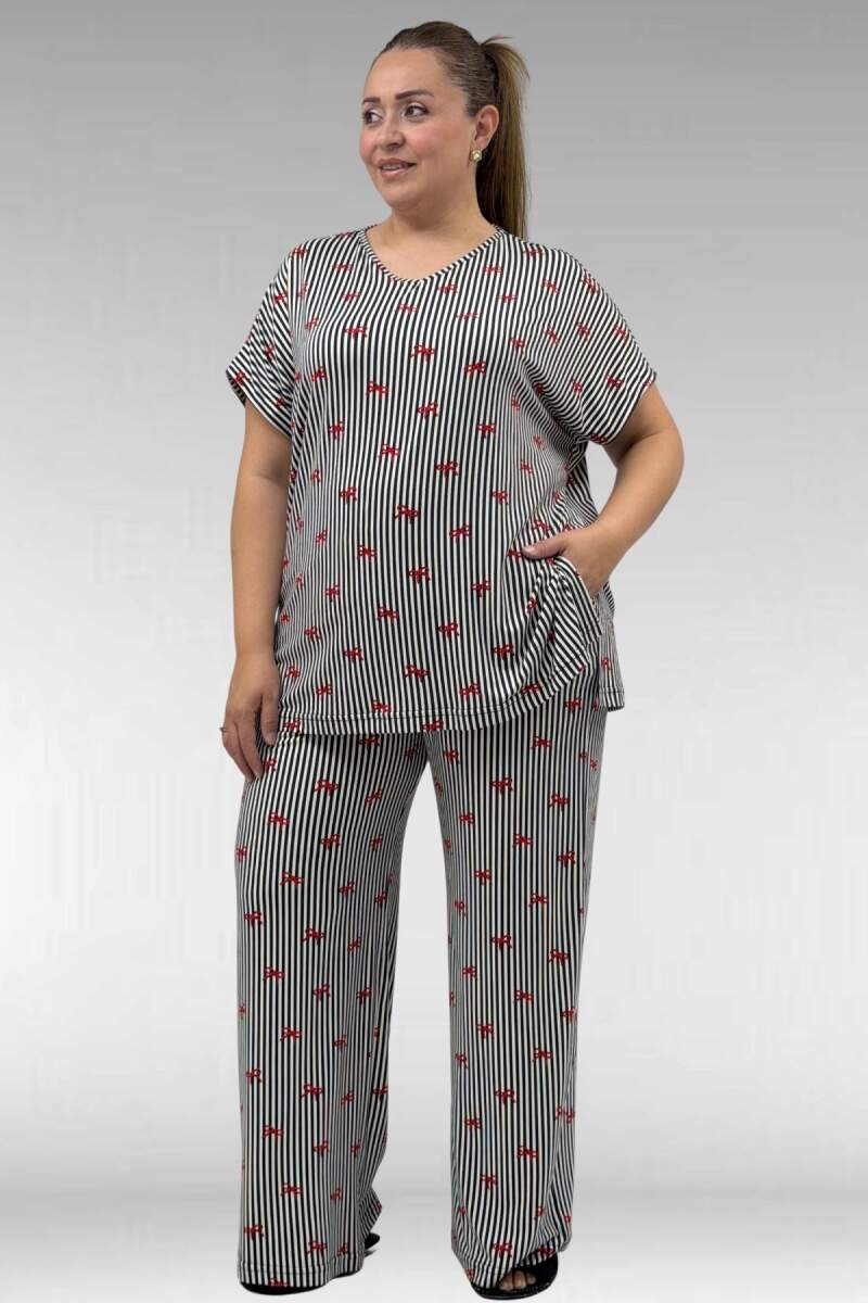 67802 Büyük Beden Yanı Yırtmaçlı Milan Pijama Takımı - Kırmızı Kurdele Desenli