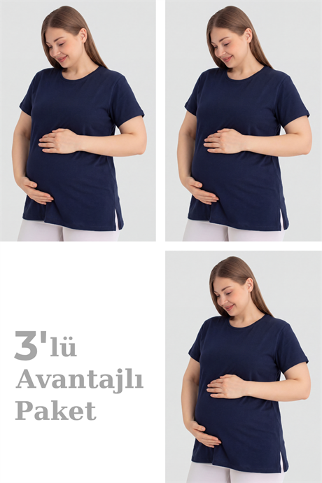 Pamuklu Kısa Kollu Hamile Tişört Lacivert 3'lü Paket – Yumuşak ve Rahat Hamile Giyim