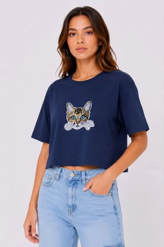 Kedi Baskılı Oversize Crop Tişört Salaş Basic Yarım Kol T-shirt - Lacivert