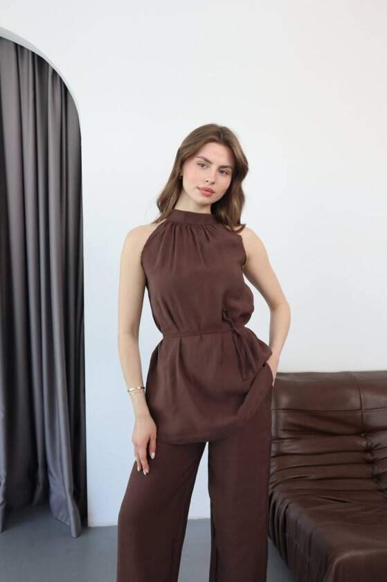 Kadın Halter Yaka Beli Kuşak Detaylı Ikili Takım