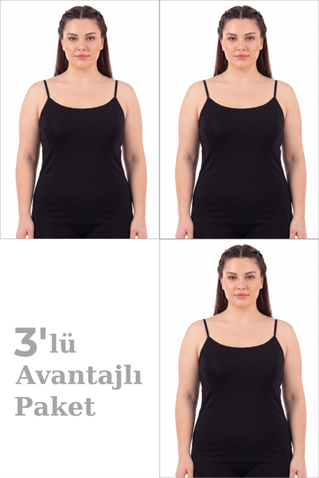 Kadın Büyük Beden İp Askılı Atlet Pamuklu Likralı Yumuşak Esnek Kumaş 3'lü Paket