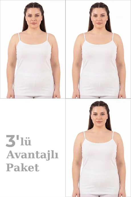 Kadın Büyük Beden İp Askılı Atlet Pamuklu Likralı Yumuşak Esnek Kumaş 3'lü Paket – Beyaz